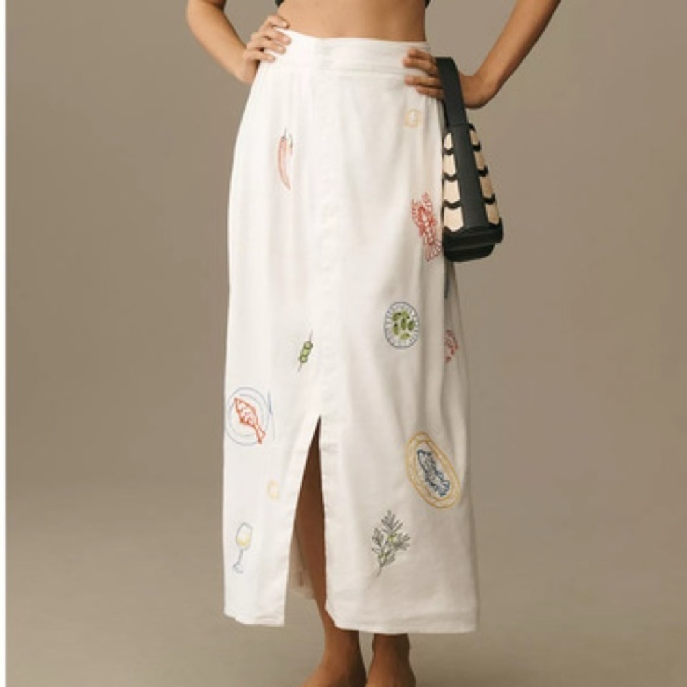 [8]Maeve White Maxi Linen Wrap Skirt Fun Colorful Embroidery